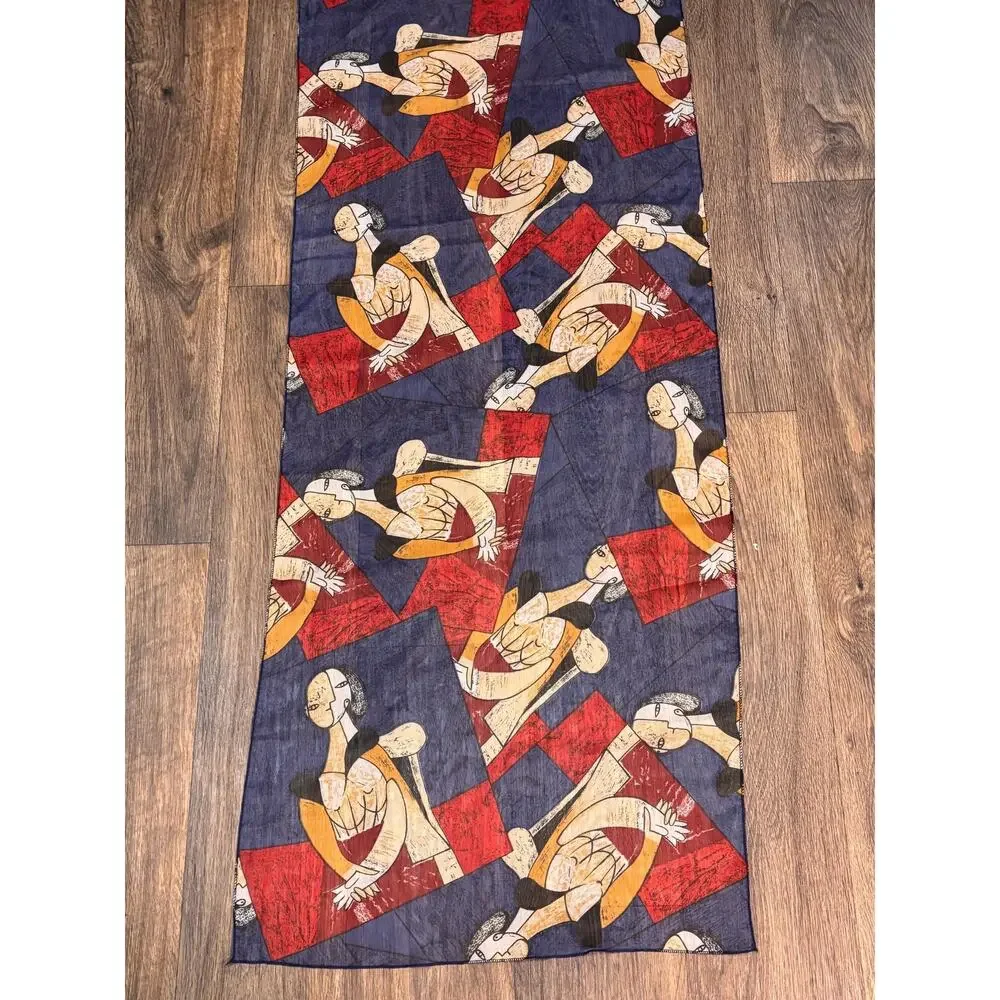 Vintage Moem Korea Sheer Scarf 19” X 64” Rectangular Blue Red Multi Cubist Art